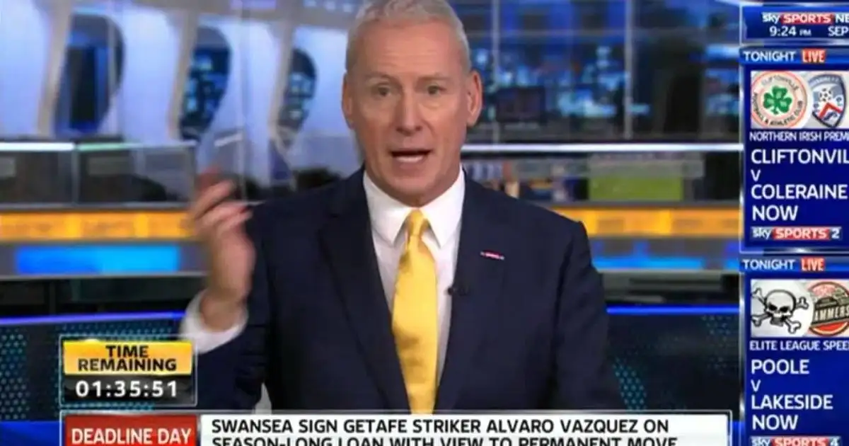 Jim White working for Sky Sports News on transfer deadline day, September 2013.