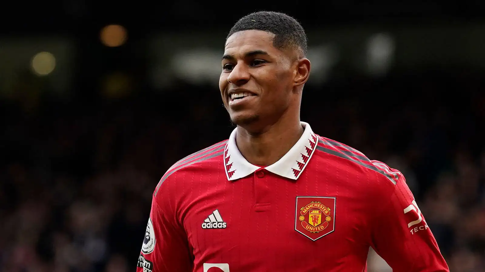 Manchester United's Marcus Rashford celebrates after scoring his side's second goal during the English Premier League soccer match between Manchester United and Leicester City at the Stamford Bridge stadium in Manchester, England, Sunday, Feb. 19, 2023.