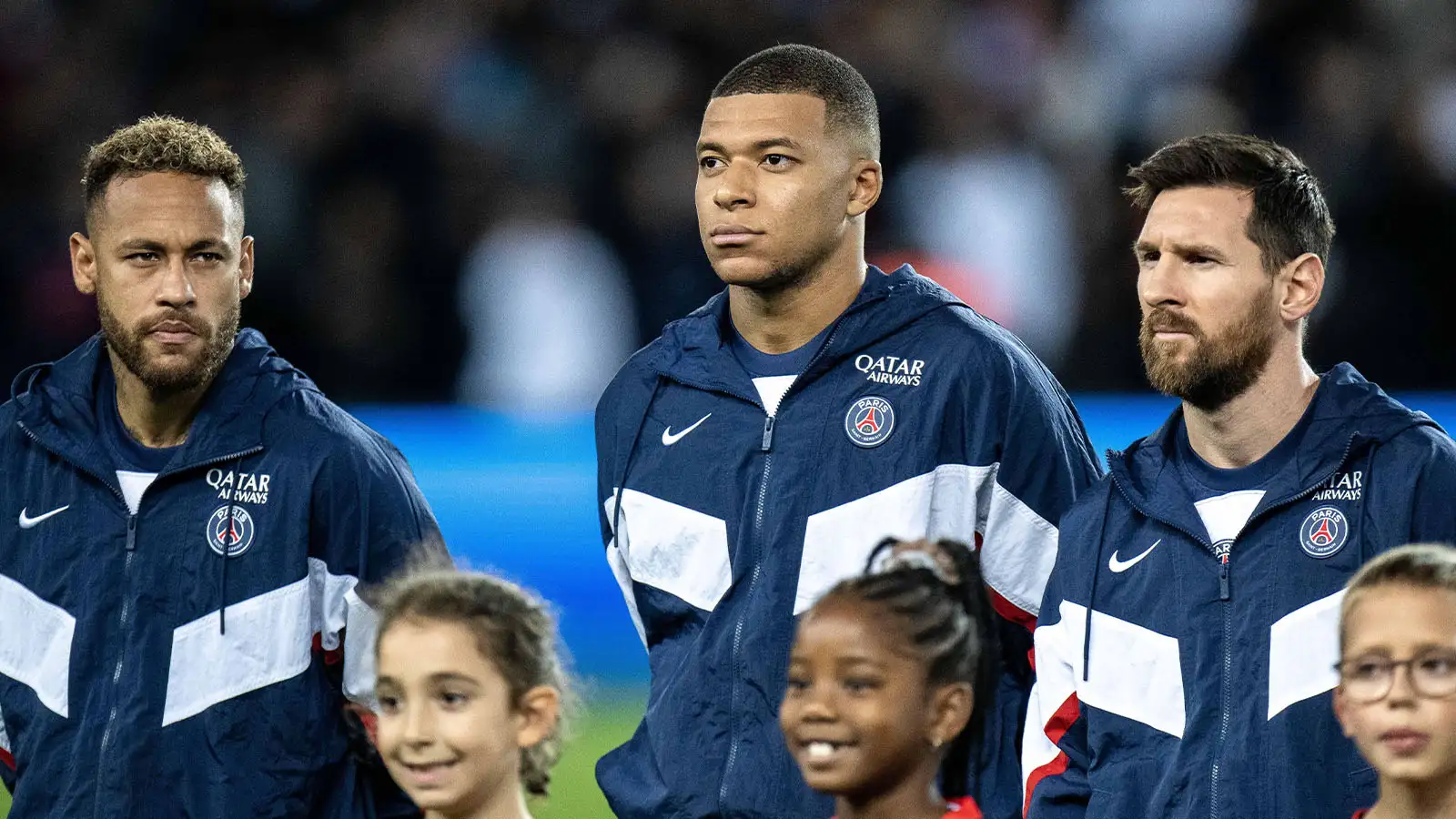 Neymar, Kylian Mbappe and Lionel Messi of Paris Saint-Germain looks on during the UEFA Champions League group H match