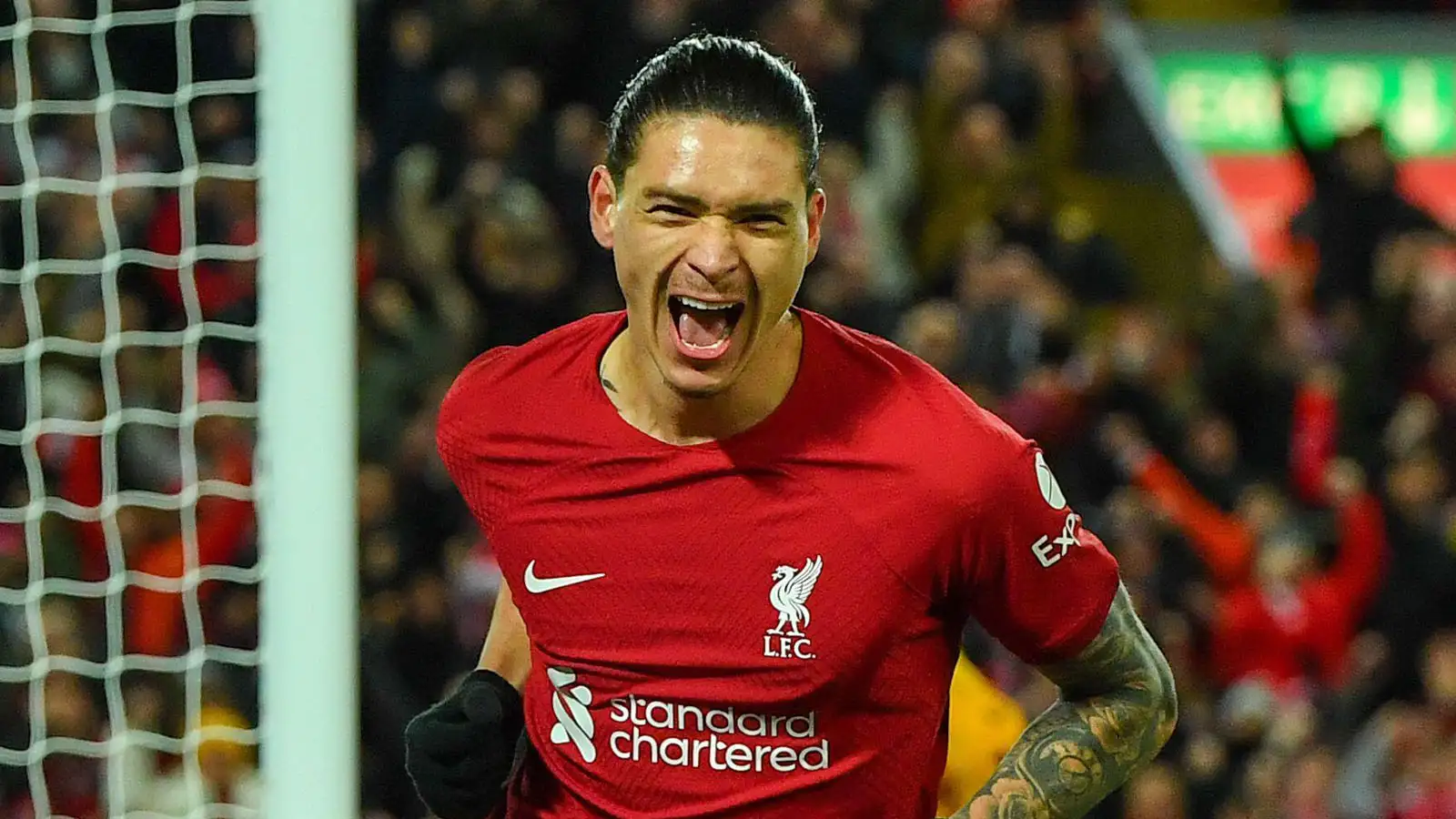 Darwin Nunez of Liverpool scores the equalising goal (1-1) during the The FA Cup match at Anfield, Liverpool.