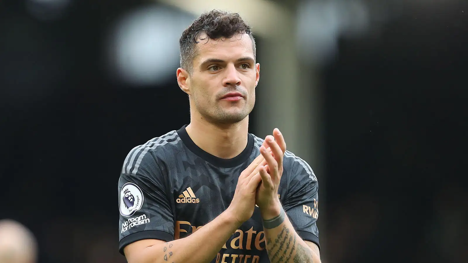 Craven Cottage, Fulham, London, UK. 12th Mar, 2023. Premier League Football, Fulham versus Arsenal; Granit Xhaka of Arsenal thanking the fans post match