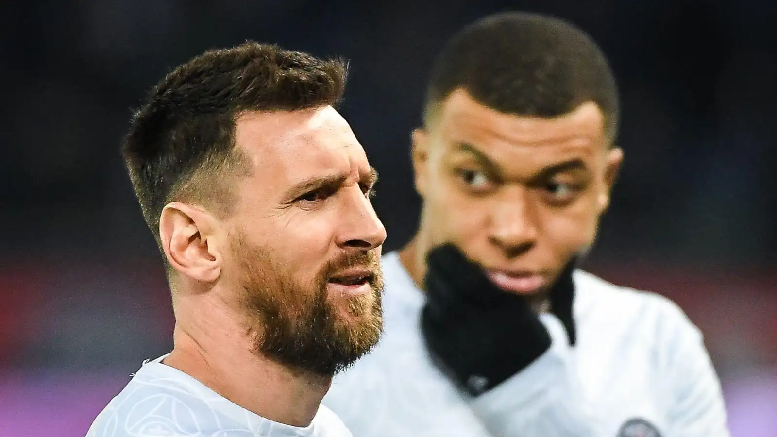 Lionel (Leo) MESSI of PSG and Kylian MBAPPE of PSG during the Ligue 1 match between Paris Saint-Germain (PSG) and Olympique Lyonnais (OL) at Parc des Princes Stadium on April 02, 2023 in Paris, France.