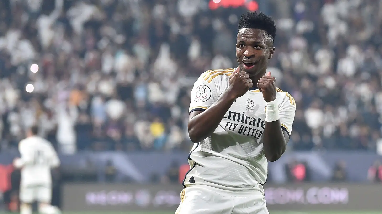 Real Madrid's Vinicius Junior celebrates after scoring at Barcelona during the Spanish Super Cup final soccer match between Real Madrid and Barcelona at Al Awwal Park Stadium in Riyadh, Saudi Arabia, Sunday, Jan. 14, 2024.