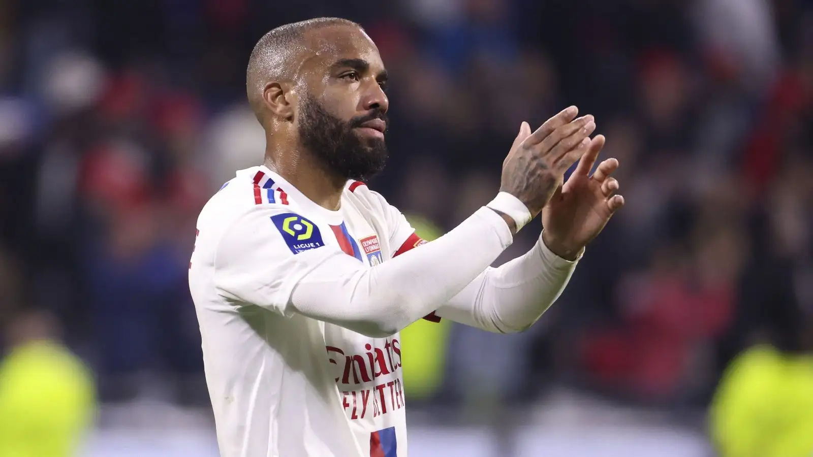 Alexandre Lacazette of Lyon salutes the supporters following the French championship Ligue 1 football match between Olympique Lyonnais (Lyon) and Olympique de Marseille on April 23, 2023 at Groupama stadium in Decines-Charpieu near Lyon, France