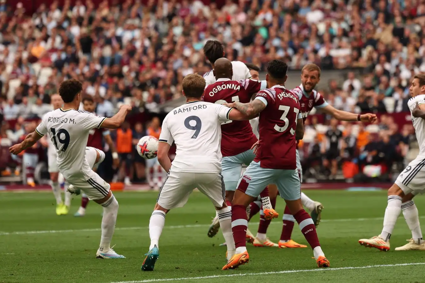 London, UK. 21st May, 2023. Rodrigo Moreno of Leeds United scores the opening goal to make it 0-1 during the Premier League match between West Ham United and Leeds United at the London Stadium, Queen Elizabeth Olympic Park, London, England on 21 May 2023.