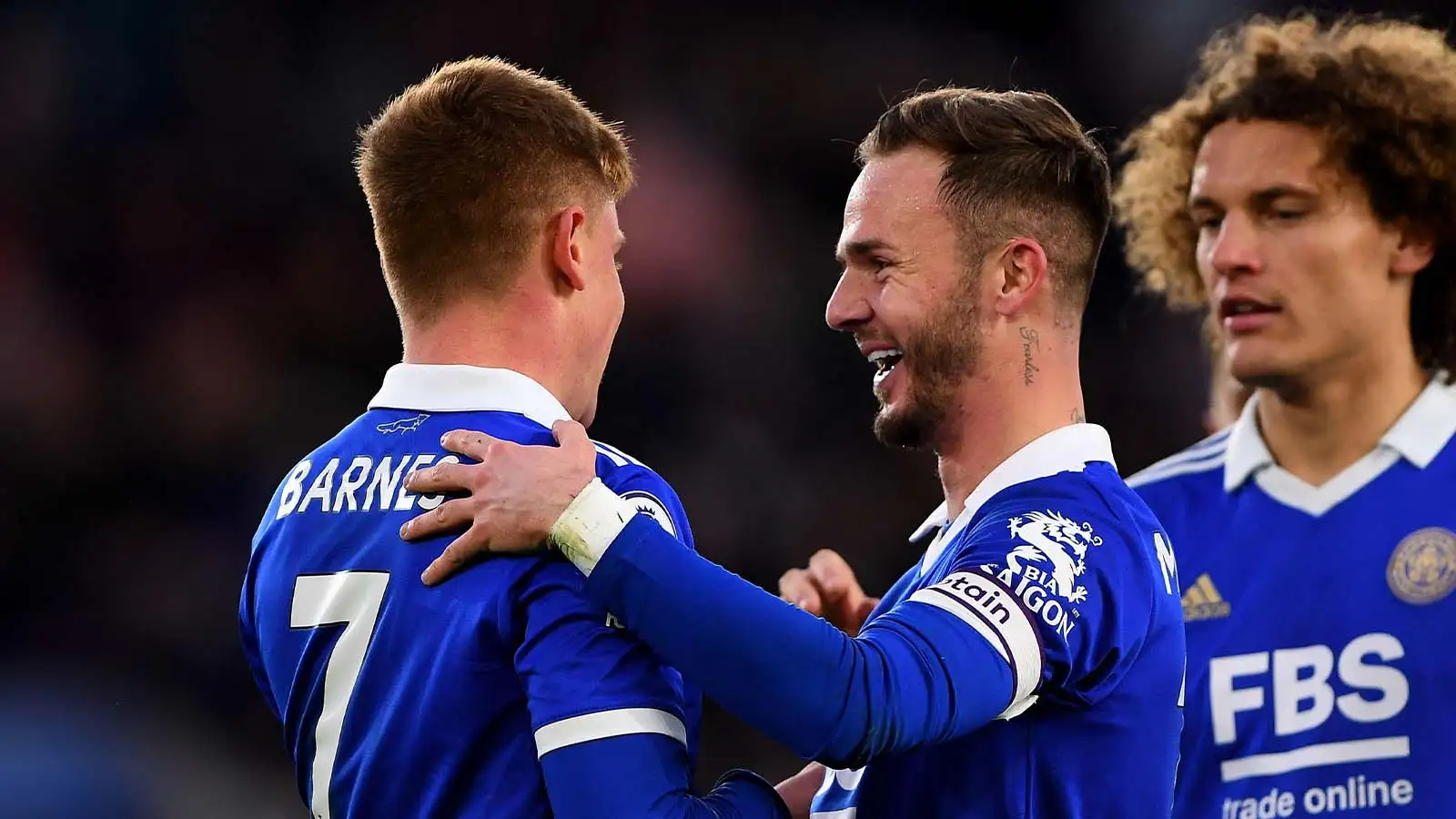 James Maddison of Leicester City celebrates after Harvey Barnes of Leicester City scored a goal to make it 4-1 during the Premier League match between Leicester City and Tottenham Hotspur at the King Power Stadium,