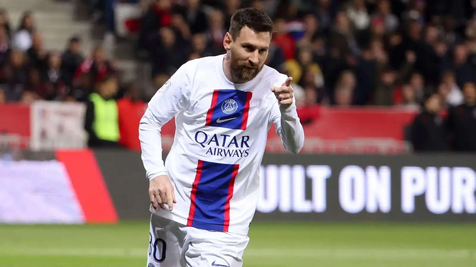 Nice, France. 08th Apr, 2023. Lionel Messi of PSG celebrates his goal during the French championship Ligue 1 football match between OGC Nice and Paris Saint-Germain on April 8, 2023 at Allianz Riviera in Nice, France