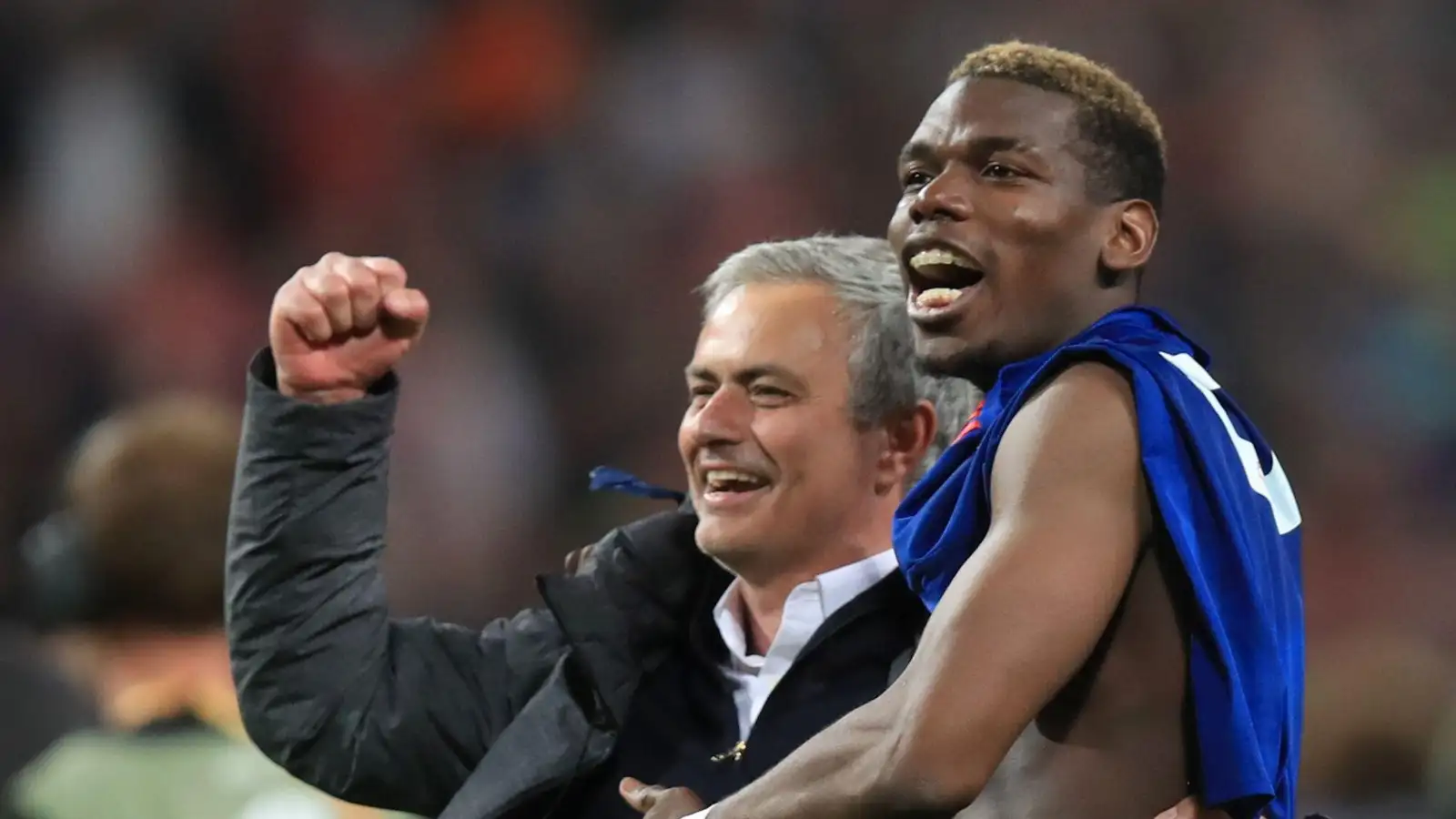 Manchester United manager Jose Mourinho and Manchester United's Paul Pogba celebrate after winning the UEFA Europa League Final in Stockholm