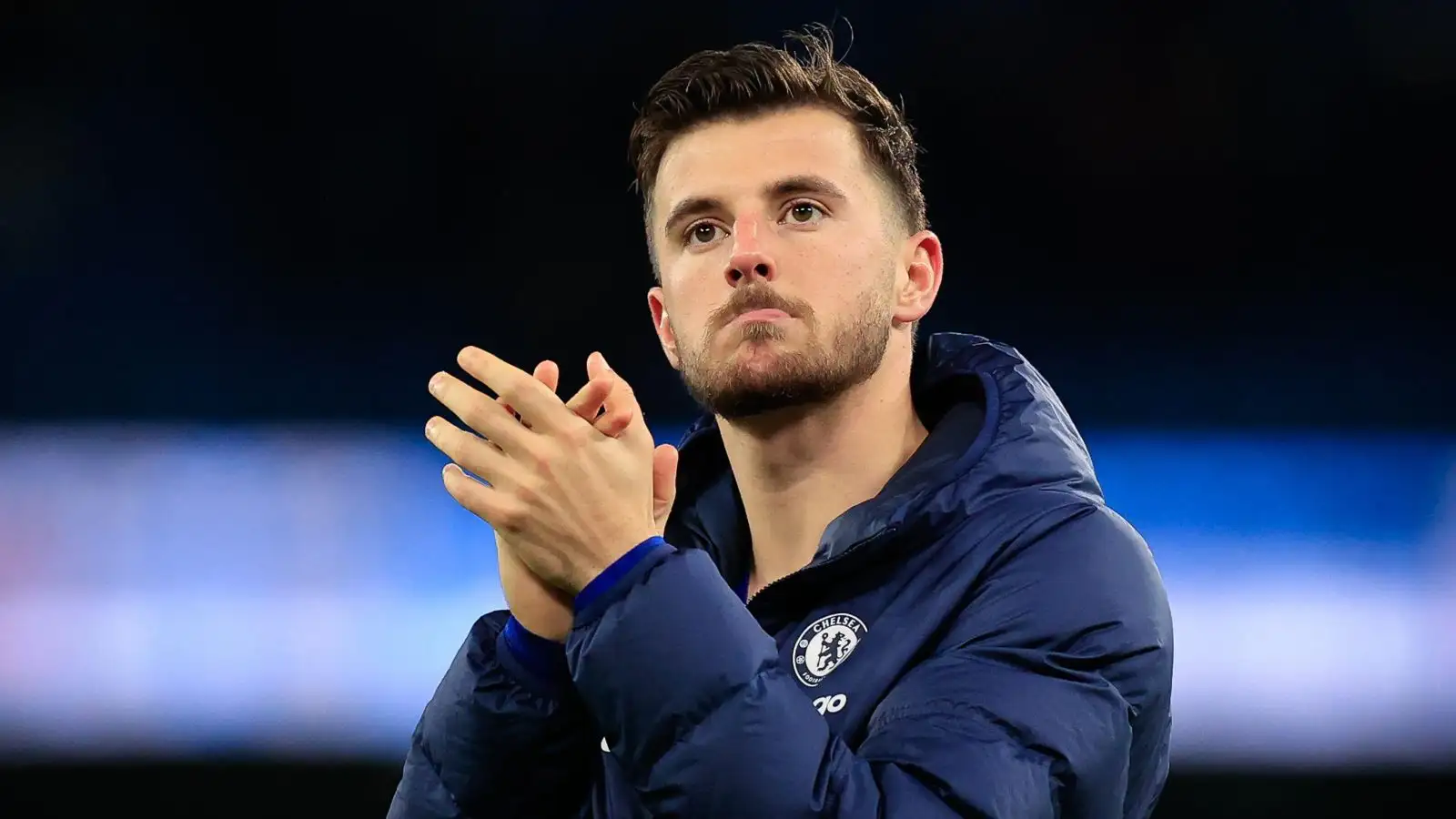 Mason Mount claps his hands and applauds the supporters at full-time