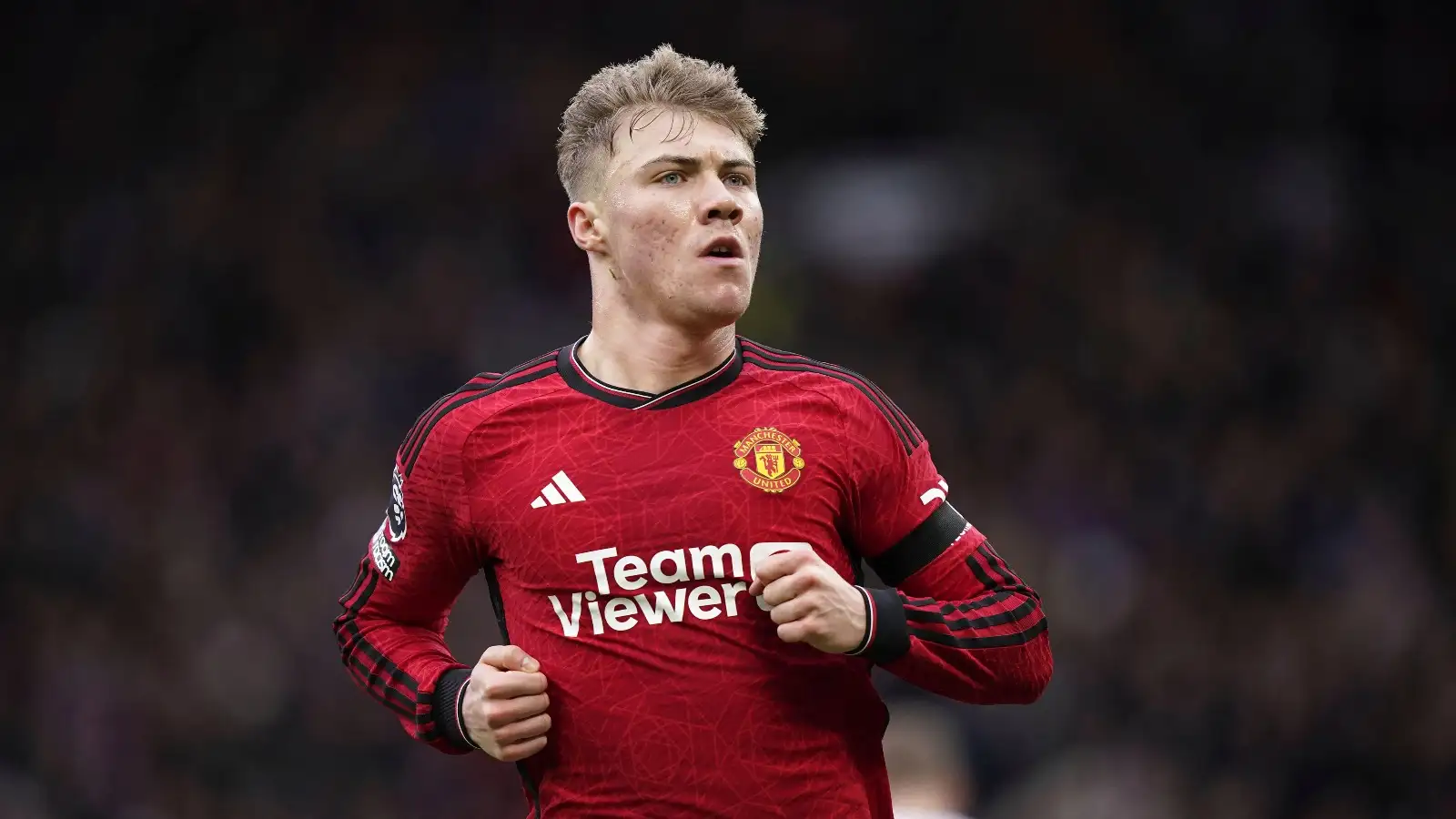 Manchester United's Rasmus Hojlund celebrates after scoring his side's first goal during the English Premier League soccer match between Manchester United and West Ham United at the Old Trafford stadium in Manchester, England, Sunday, Feb. 4, 2024.
