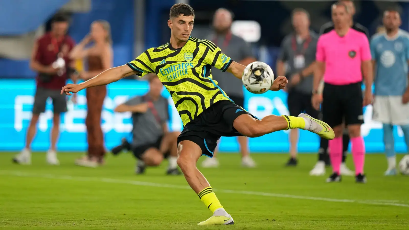 Arsenal midfielder Kai Havertz competes during the cross and volley challenge segment of the MLS All-Star Skills Challenge against the MLS All-Stars, Tuesday, July 18, 2023, in Washington.