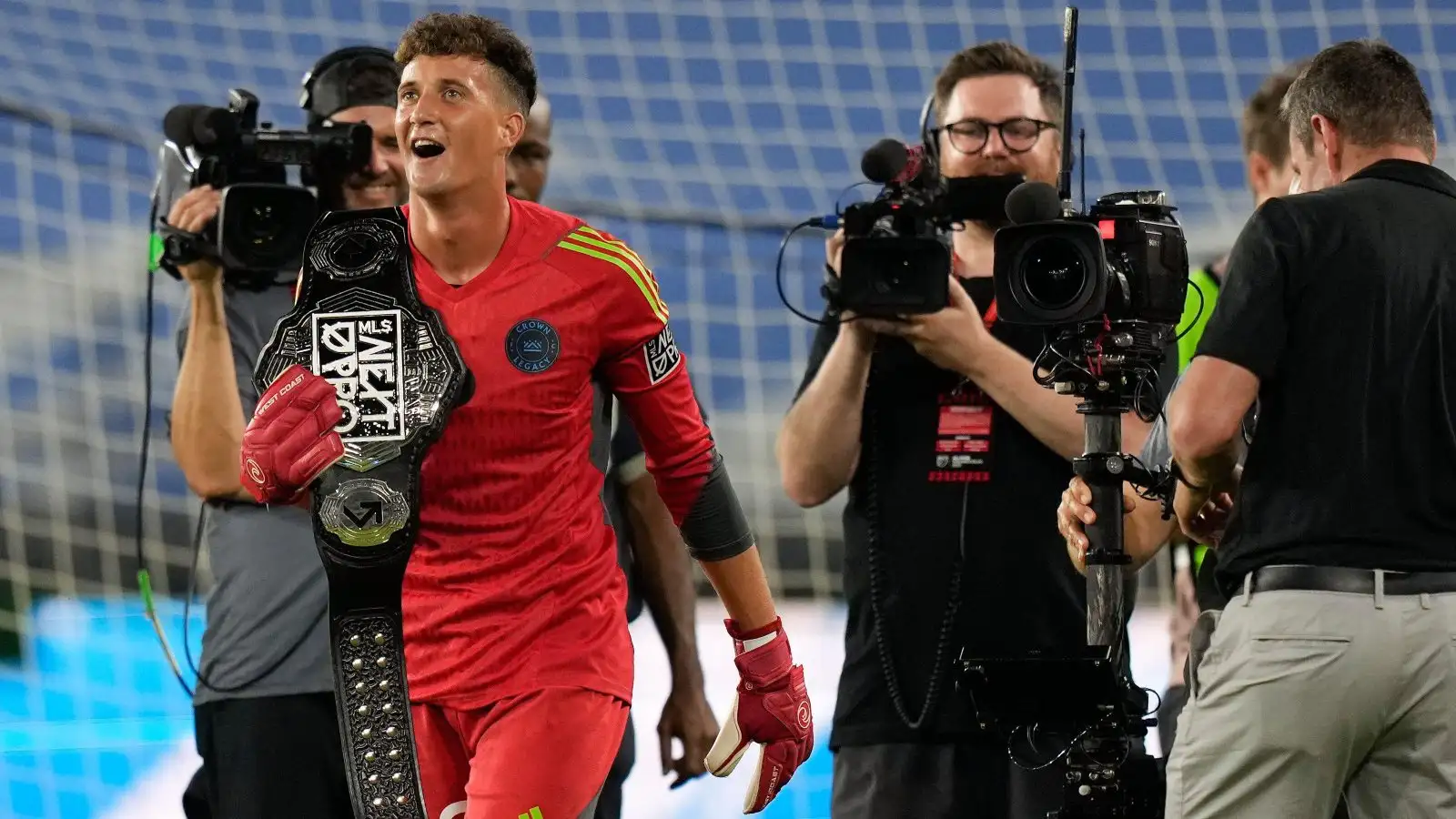 Crown Legacy FC goalkeeper Isaac Walker celebrates after winning the goalie wars segment of the MLS All-Star Skills Challenge