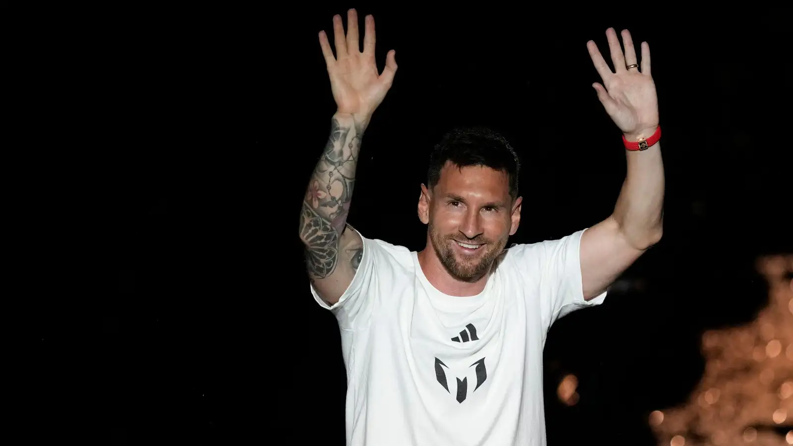 Inter Miami's Lionel Messi waves to fans as he is introduced during a celebration by the team at DRV PNK Stadium, Sunday, July 16, 2023, in Fort Lauderdale, Fla.