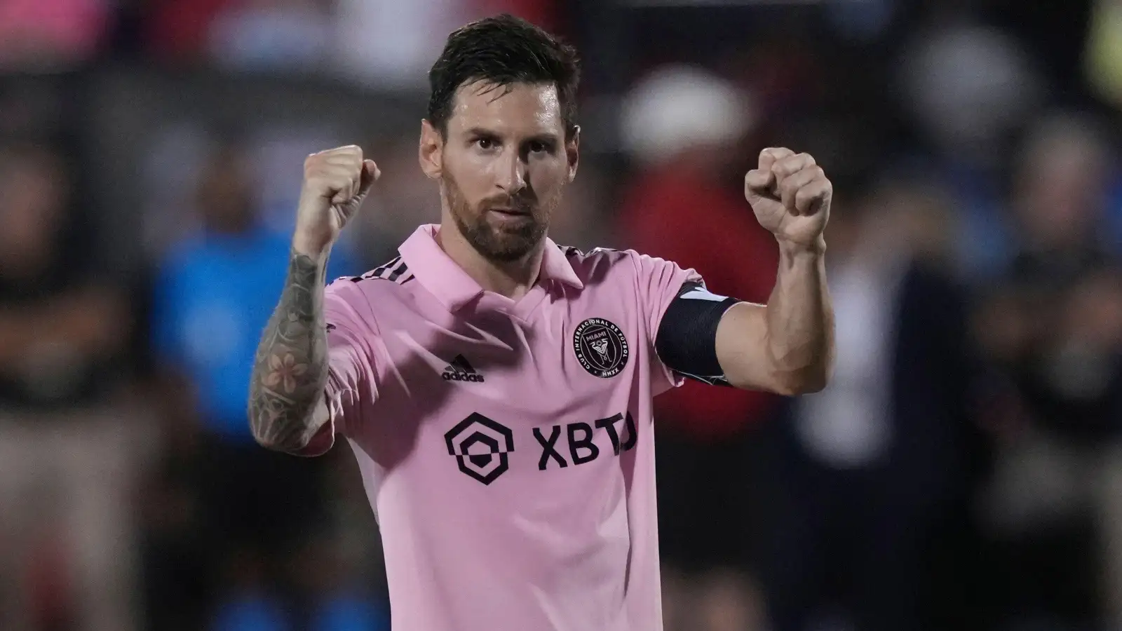 Inter Miami forward Lionel Messi celebrates a score during penalty kicks in the team's Leagues Cup soccer match against FC Dallas on Sunday, Aug. 6, 2023, in Frisco, Texas.