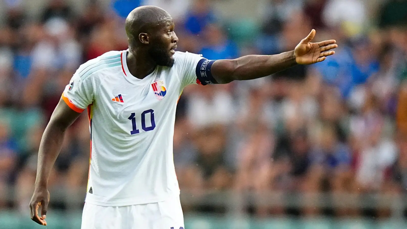 Belgium's Romelu Lukaku gestures during the Euro 2024 group F qualifying soccer match between Estonia and Belgium at the A. Le Coq Arena in Tallinn, Estonia, Tuesday, June 20, 2023.