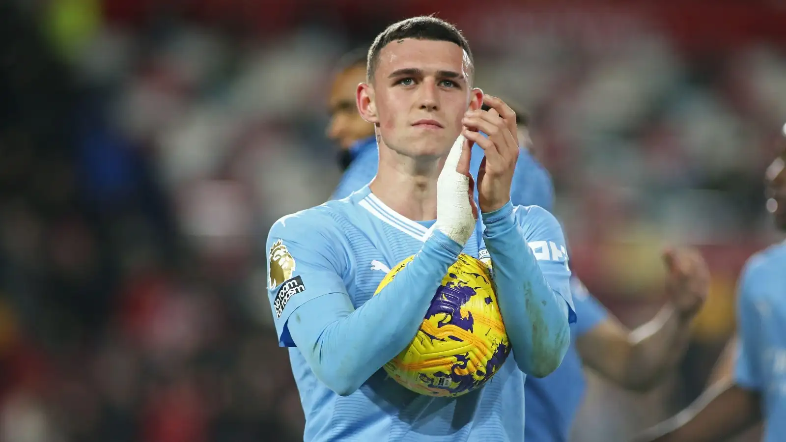 London, UK. 05th Feb, 2024. London, February 5th 2024: Hat-trick hero Phil Foden of Manchester City applauds the fans during the Premier League match between Brentford and Manchester City at The GTech Community Stadium on February 5th 2024 in London, England.