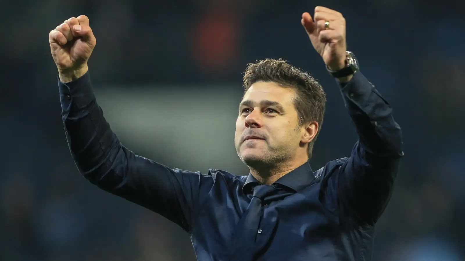 17th April 2019 , Etihad Stadium, Manchester, England; UEFA Champions League, Quarter Final, Second Leg, Manchester City v Tottenham ; Mauricio Pochettino manager of Tottenham celebrates with the fans as Tottenham go through to the semi-final.