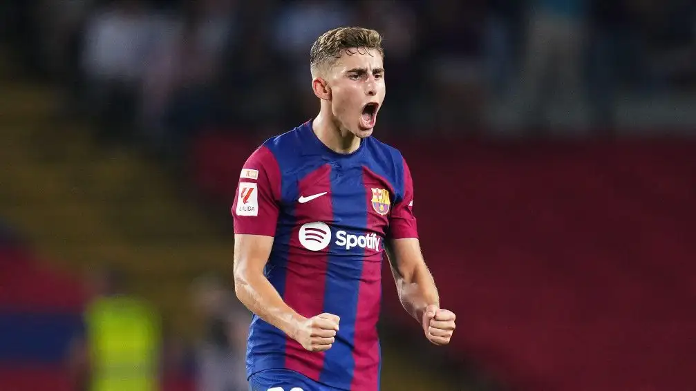 Fermin Lopez of FC Barcelona celebrates the victory at full time during the La Liga EA Sports match between FC Barcelona and Sevilla FC played at Lluis Companys Stadium on September 29, 2023 in Barcelona, Spain.