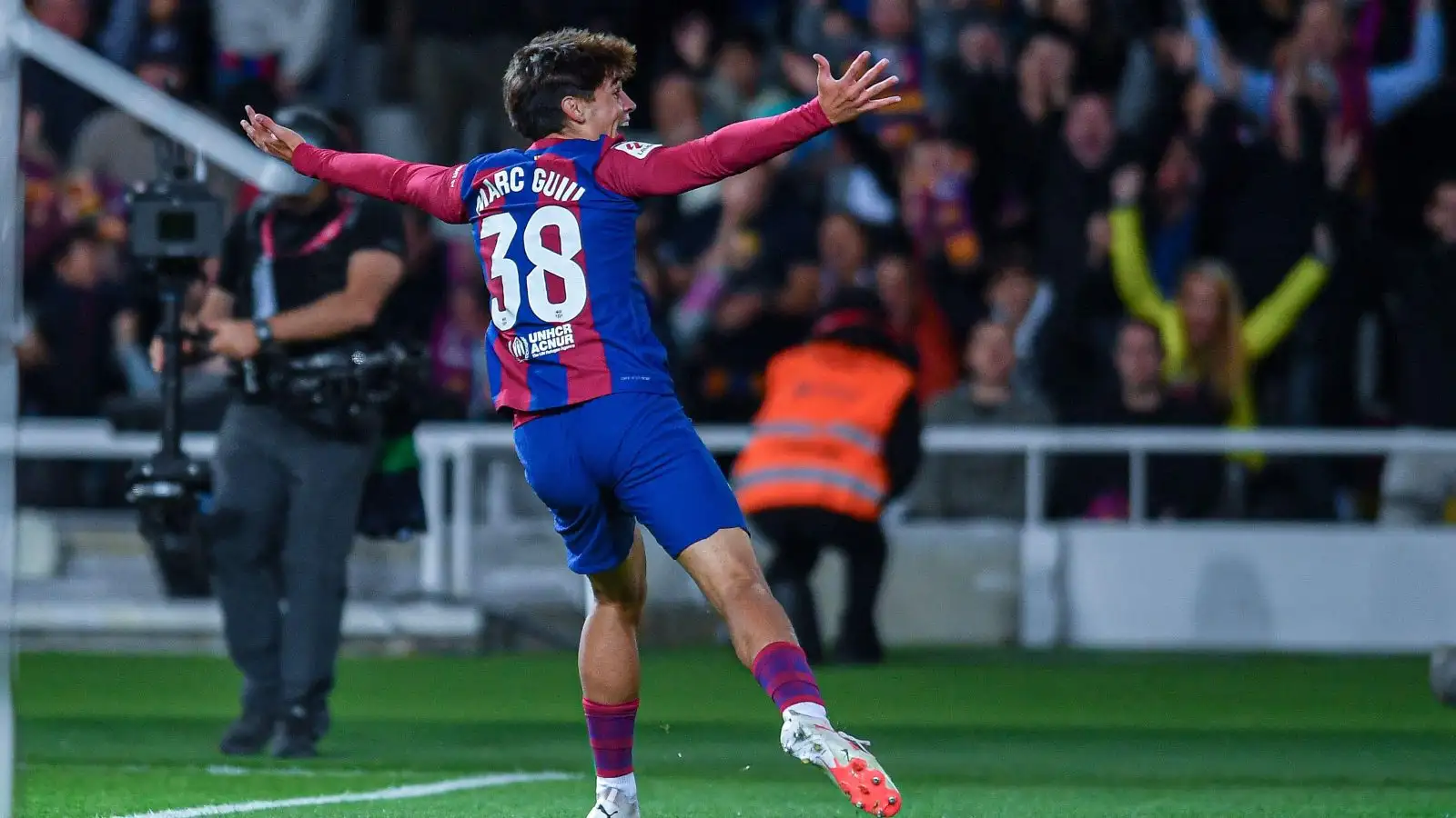 Marc Guiu (38) of FC barcelona scores his team's first goal and celebrates during the match between FC Barcelona and Athletic Club