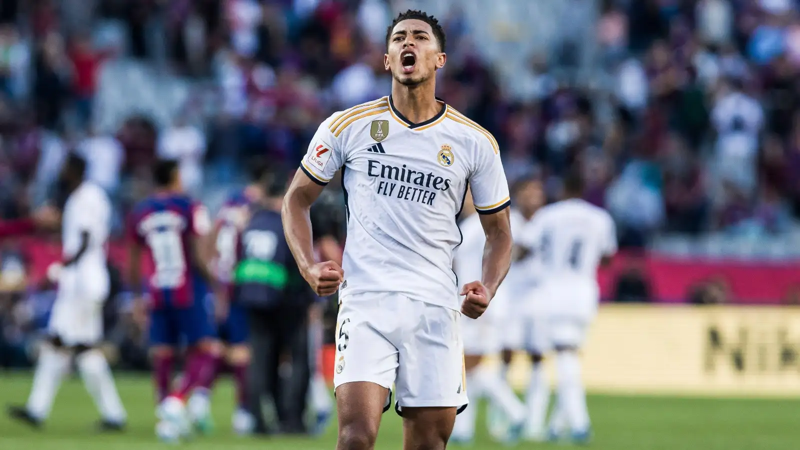 Jude Bellingham of Real Madrid celebrates the victory during the Spanish league, La Liga EA Sports, football match played between FC Barcelona and Real Madrid at Estadi Olimpic on October 28, 2023 in Barcelona, Spain.