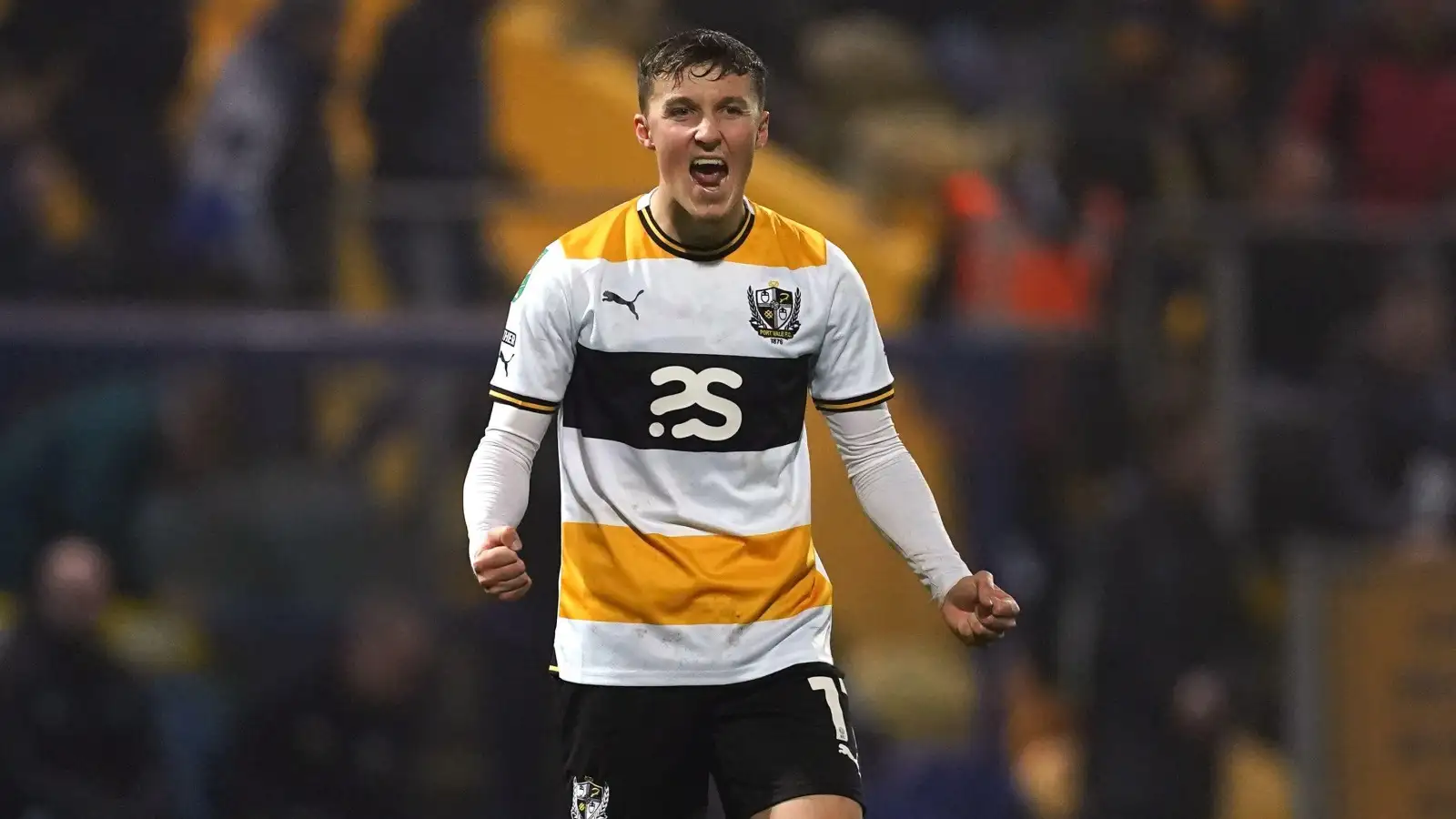 Port Vale's Alfie Devine celebrates following the Carabao Cup fourth round match at the One Call Stadium, Mansfield. Picture date: Tuesday October 31, 2023.