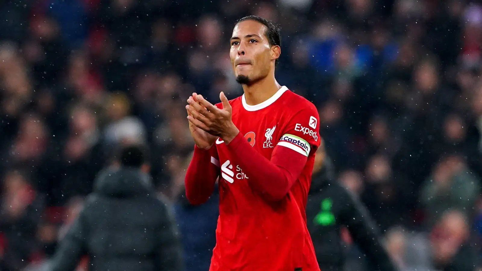 Liverpool's Virgil van Dijk applauds the fans at the end of the Premier League match at Anfield, Liverpool. Picture date: Sunday November 12, 2023.