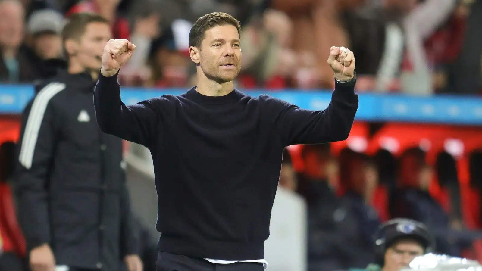 Leverkusen, Deutschland. 29th Oct, 2023:Bayer coach Xabi Alonso jubilation after goal to make it 2-0