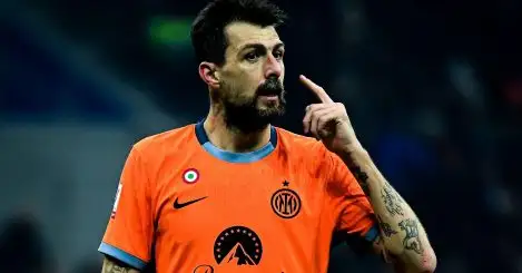 Milan, Italy, 20/12/2023, Francesco Acerbi of FC Internazionale gestures during the Italian Coppa Italia football match FC Internazionale vs Bologna at San Siro Stadium in Milan, Italy on December 21, 2023