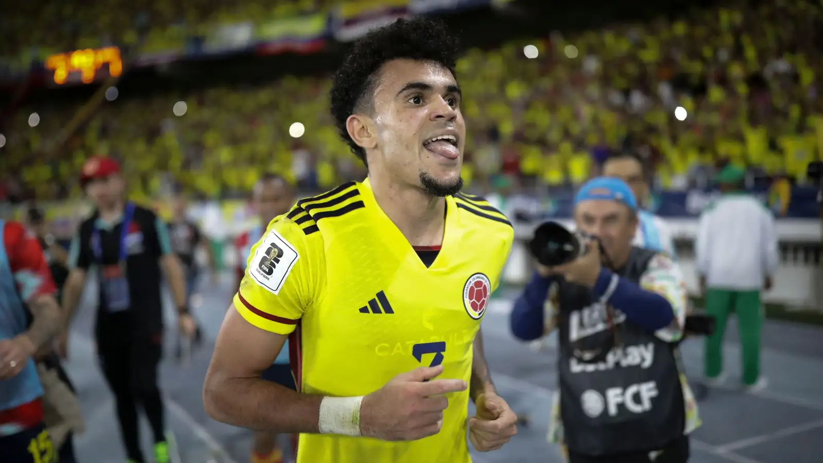 Colombia's Luis Diaz celebrates scoring his side's second goal against Brazil during a qualifying soccer match for the FIFA World Cup 2026 at Roberto Melendez stadium in Barranquilla, Colombia, Thursday, Nov. 16, 2023.