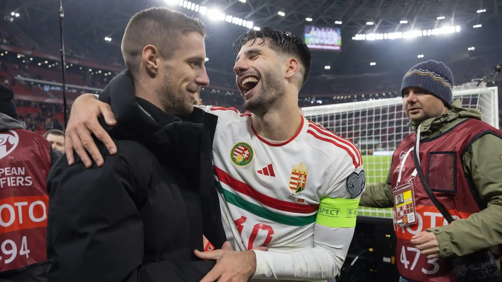 Dominik Szoboszlai (C) of Hungary reacts after winning the UEFA Euro 2024 Group G qualification match between Hungary and Montenegro in Budapest, Hungary on Nov. 19, 2023.