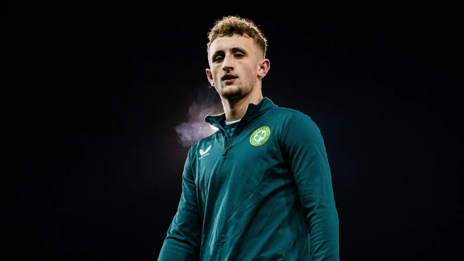 Sam Curtis of Ireland warms up ahead of the UEFA European Under-21 Qualifier football match between Norway and Ireland on November 17, 2023 in Drammen.