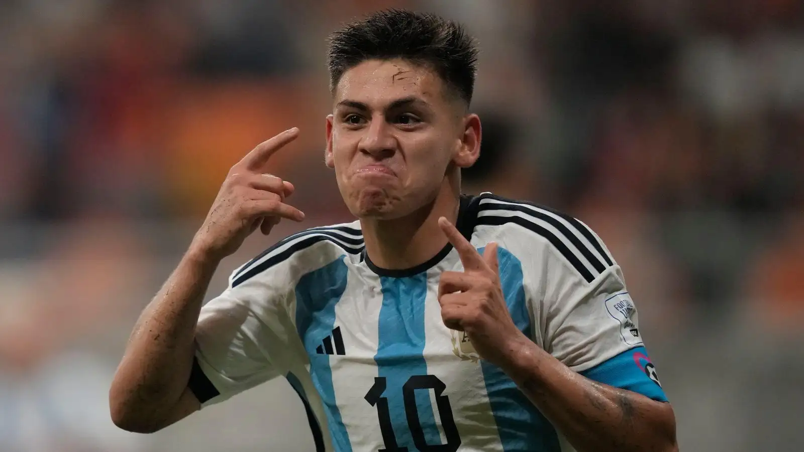 Argentina's Claudio Echeverri celebrates after scoring the second goal for his team during their FIFA U-17 World Cup quarterfinal soccer match against Brazil at Jakarta international Stadium in Jakarta, Indonesia, Friday, Nov. 24, 2023.