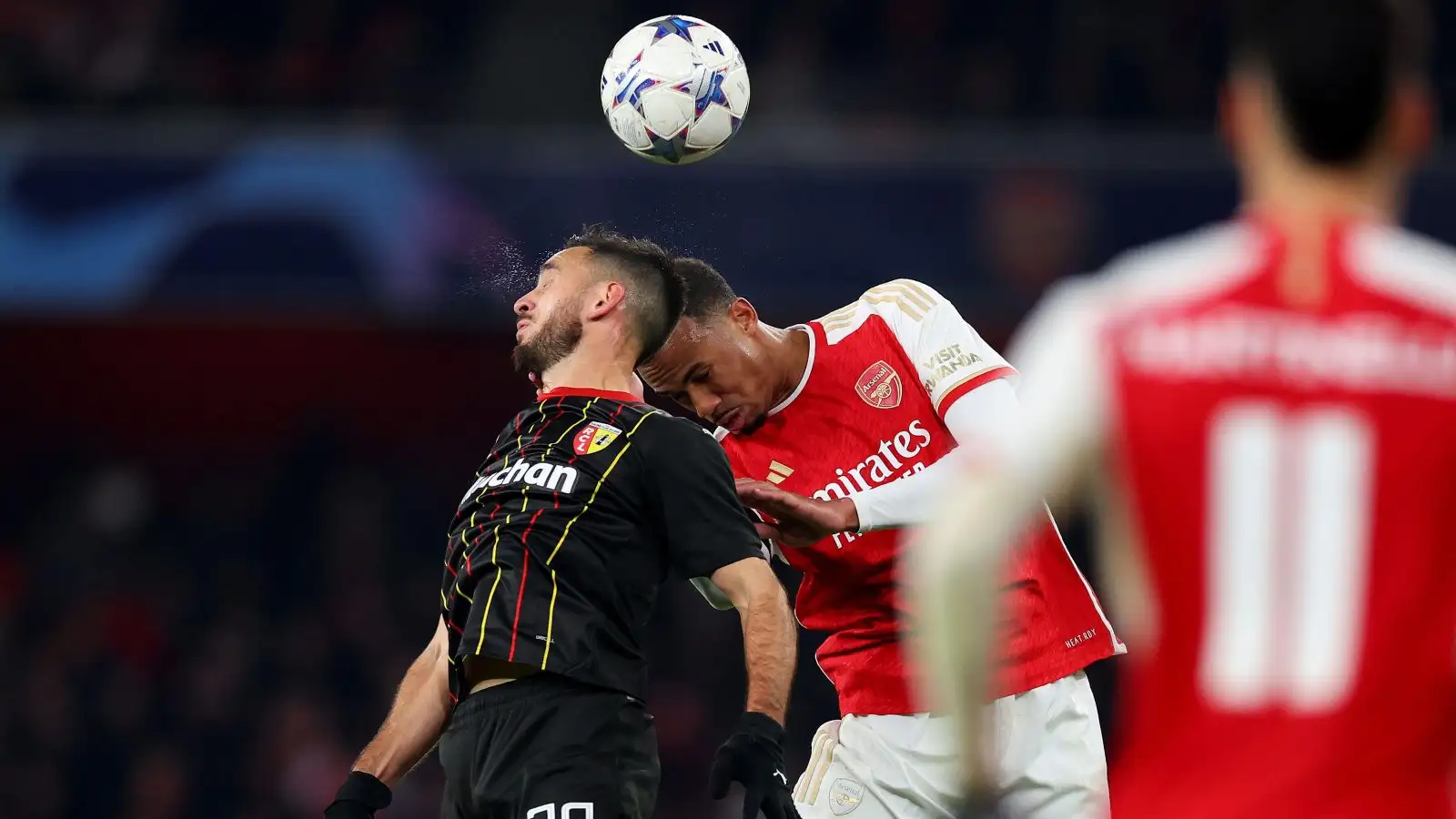 29th Nov, 2023. Champions League Football, Group Stage, Arsenal versus Lens; Gabriel of Arsenal competes for the ball with Adrien Thomasson of Lens