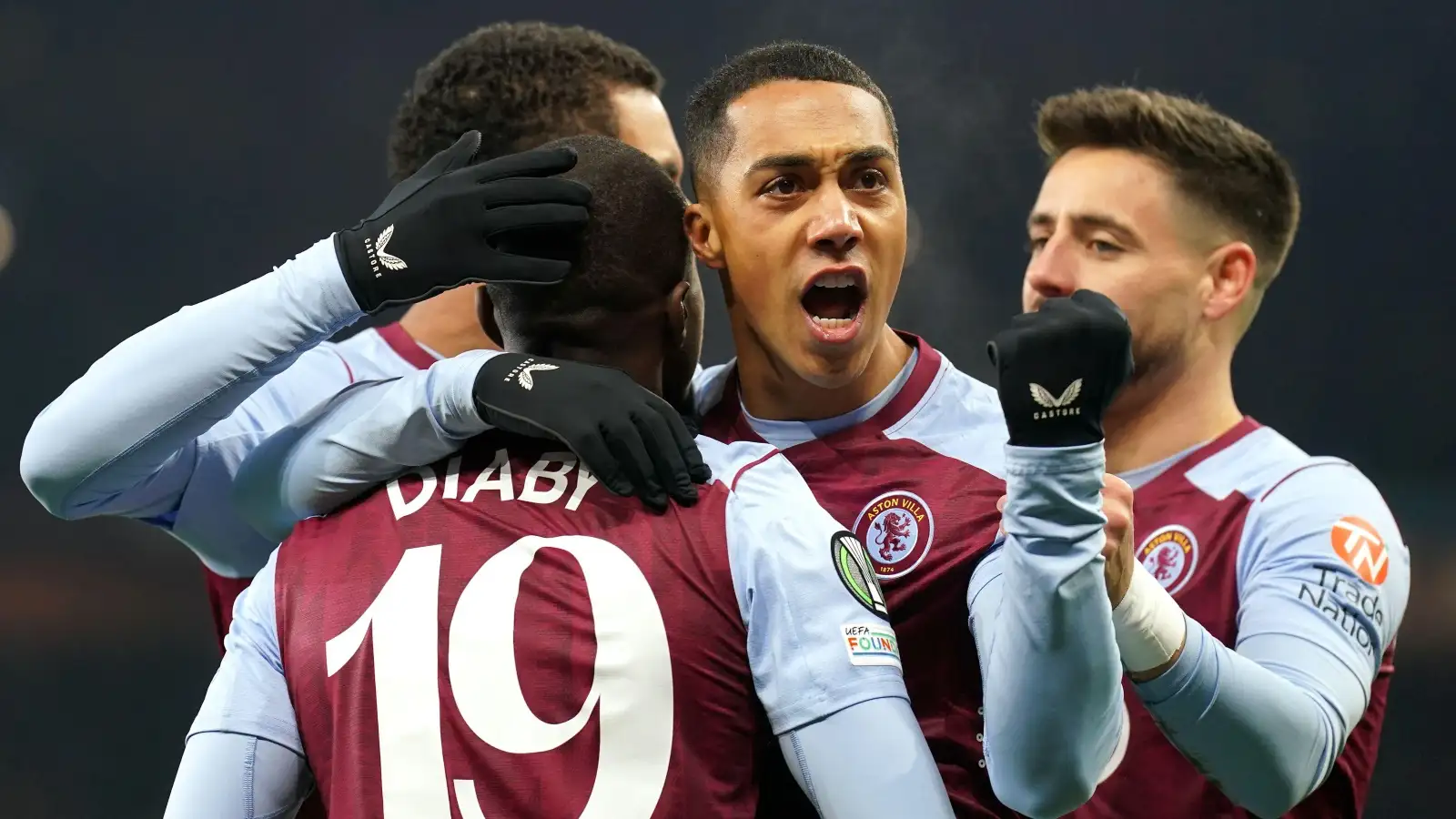 Aston Villa's Moussa Diaby (left) celebrates scoring their side's first goal against Legia Warsaw in the Europa Conference League.