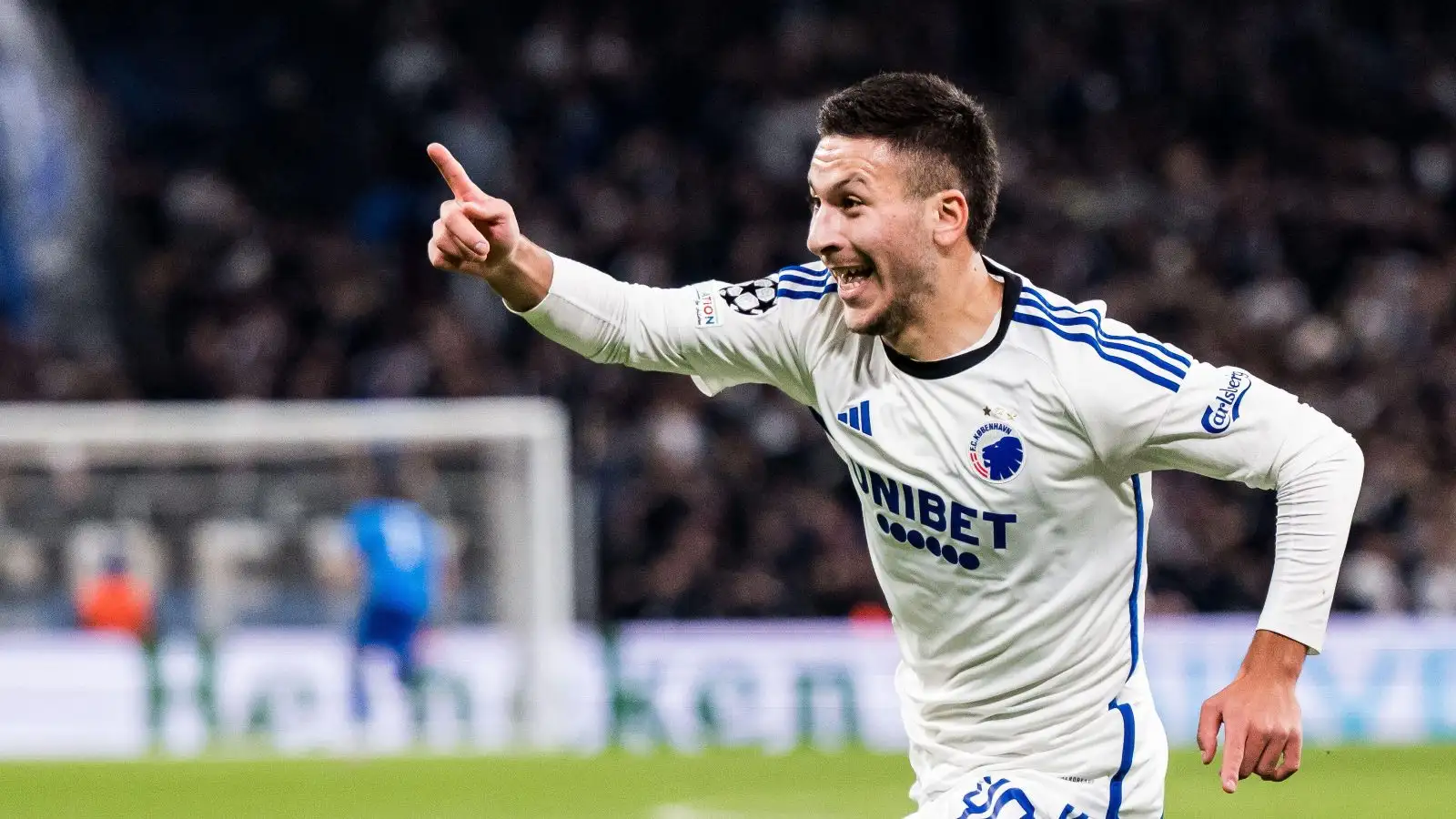 Roony Bardghji of FC Copenhagen celebrates during the 4-3 goal during the UEFA Champions League football match between FC Copenhagen and Manchester United on November 8, 2023 in Copenhagen.