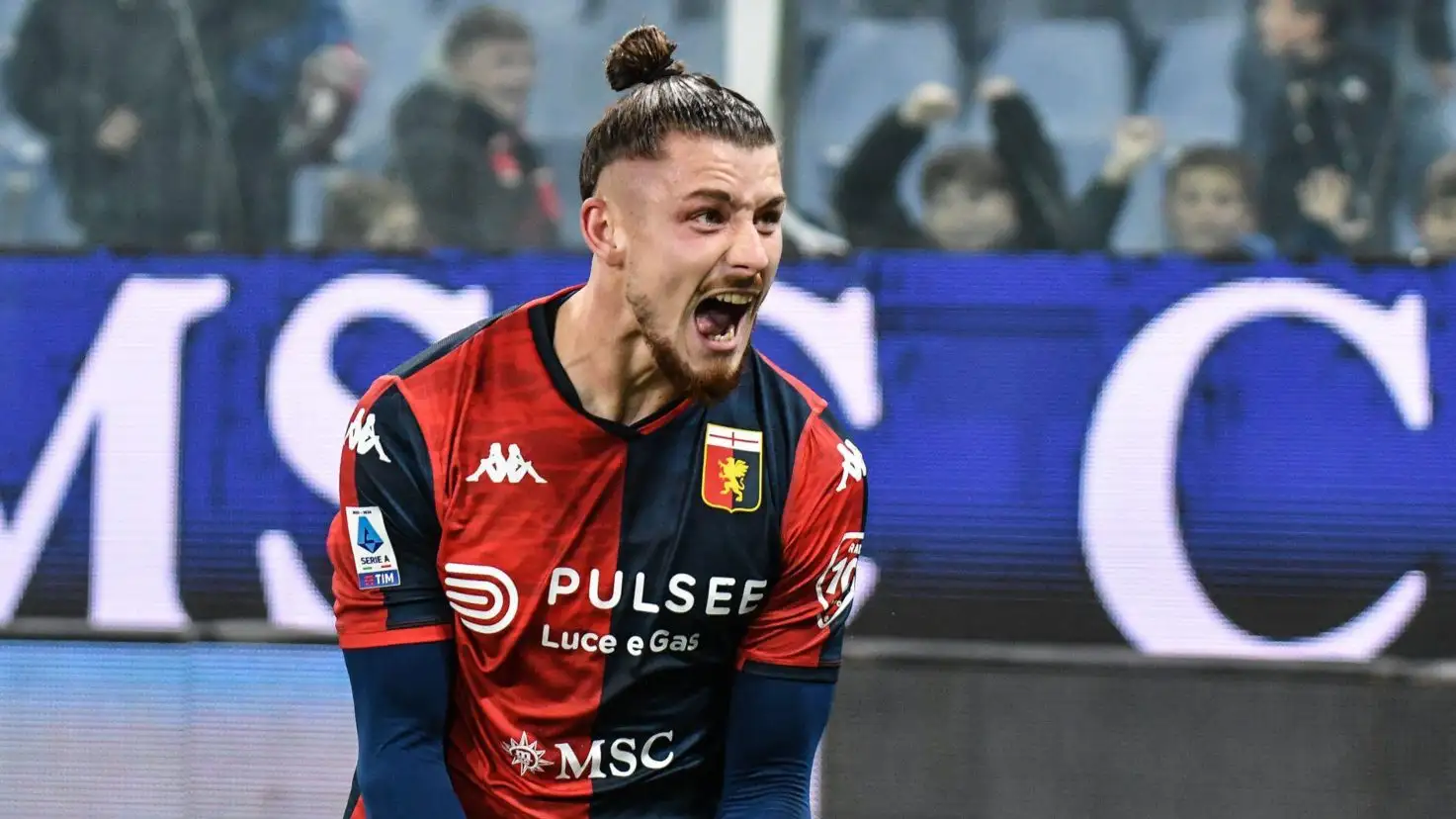 Radu Dragusin celebrates scoring his team's first goal to make the score 1-0 during Italian Serie A between Genoa CFC and Hellas Verona at Stadio Luigi Ferraris