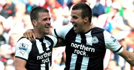 Ryan Taylor of Newcastle United (L) celebrates his first goal with Steven Taylor against Sunderland