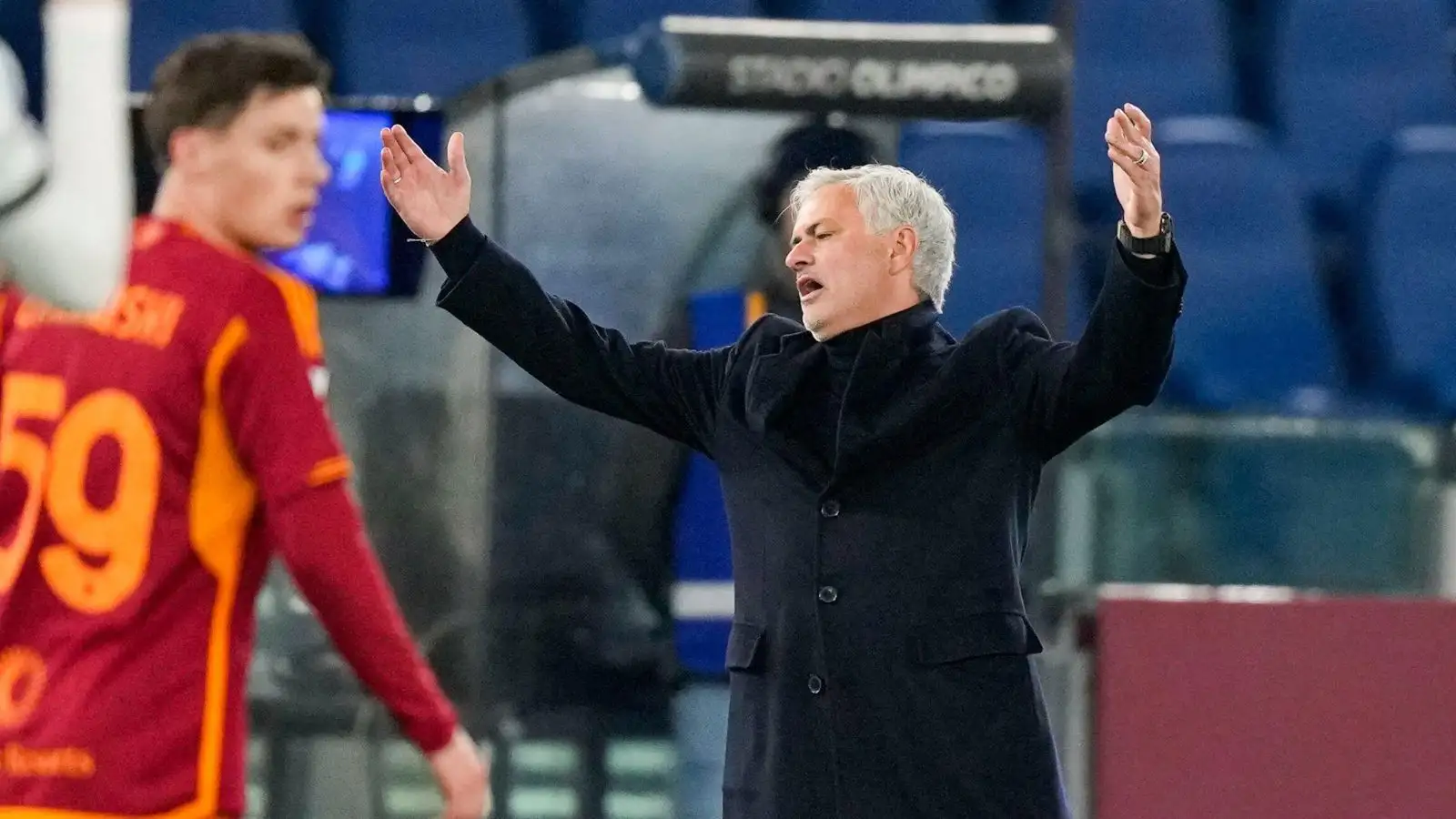 Roma's head coach Jose Mourinho reacts during the Serie A soccer match between Roma and Atalanta