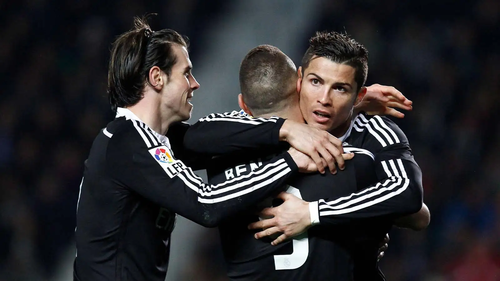 Cristiano Ronaldo celebrates with Gareth Bale and Karim Benzema