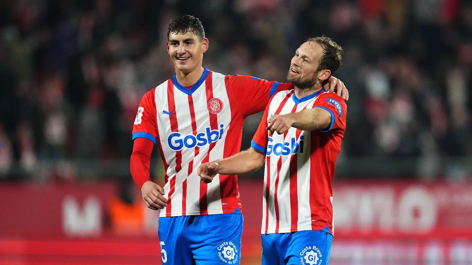 Girona, Spain. 21st Jan, 2024. Antal Yaakobishvili and Daley Blind of Girona FC celebrating the victory at full time during the La Liga EA Sports match between Girona FC and Sevilla FC played at Montilivi Stadium on January 21, 2024 in Girona, Spain.