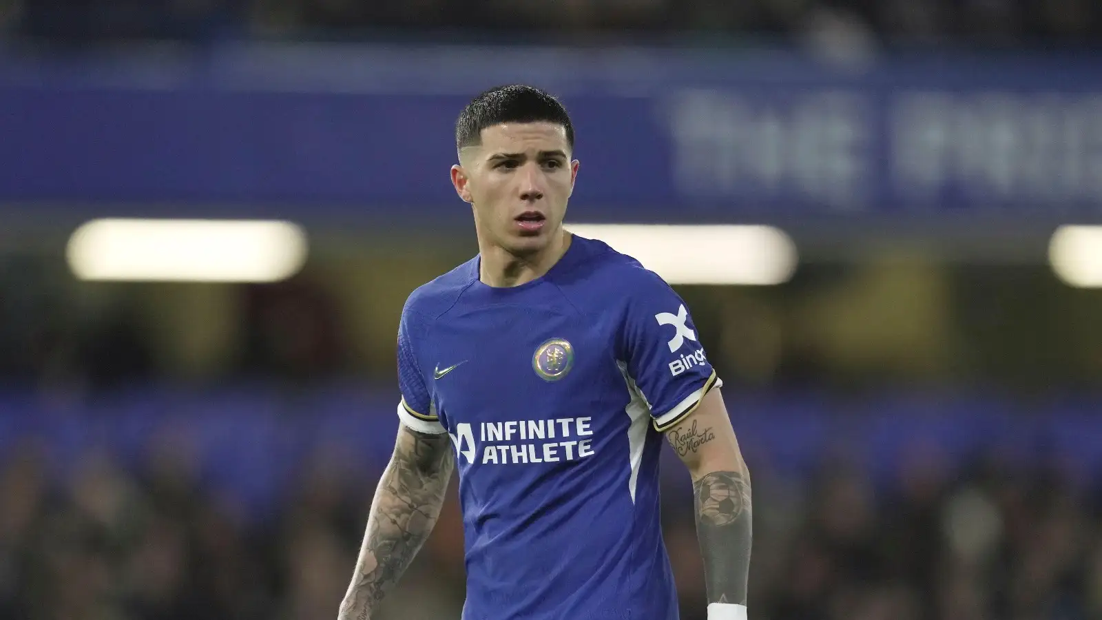 Chelsea's Enzo Fernandez during the English FA Cup fourth round soccer match between Chelsea and Aston Villa at the Stamford Bridge stadium in London, Friday, Jan. 26, 2024.