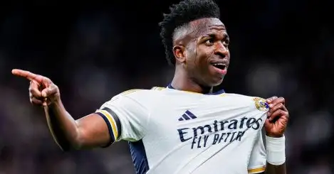 Real Madrid's Vinicius Junior celebrates after scoring the opening goal during a Spanish La Liga soccer match between Real Madrid and Girona at the Santiago Bernabeu stadium in Madrid, Spain, Saturday, Feb. 10, 2024.