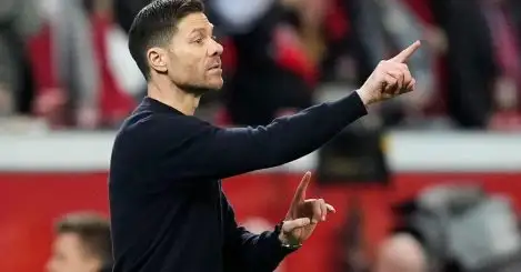 Leverkusen's head coach Xabi Alonso gestures during the German Bundesliga soccer match between Bayer 04 Leverkusen and FC Bayern Munich at the BayArena in Leverkusen, Germany, Saturday, Feb. 10, 2024.