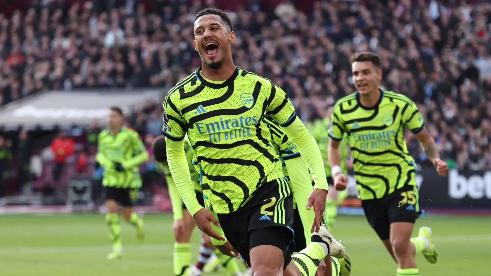 London, UK. 11th Feb, 2024. William Saliba of Arsenal celebrates scoring the first goal during the Premier League match at the London Stadium, London.