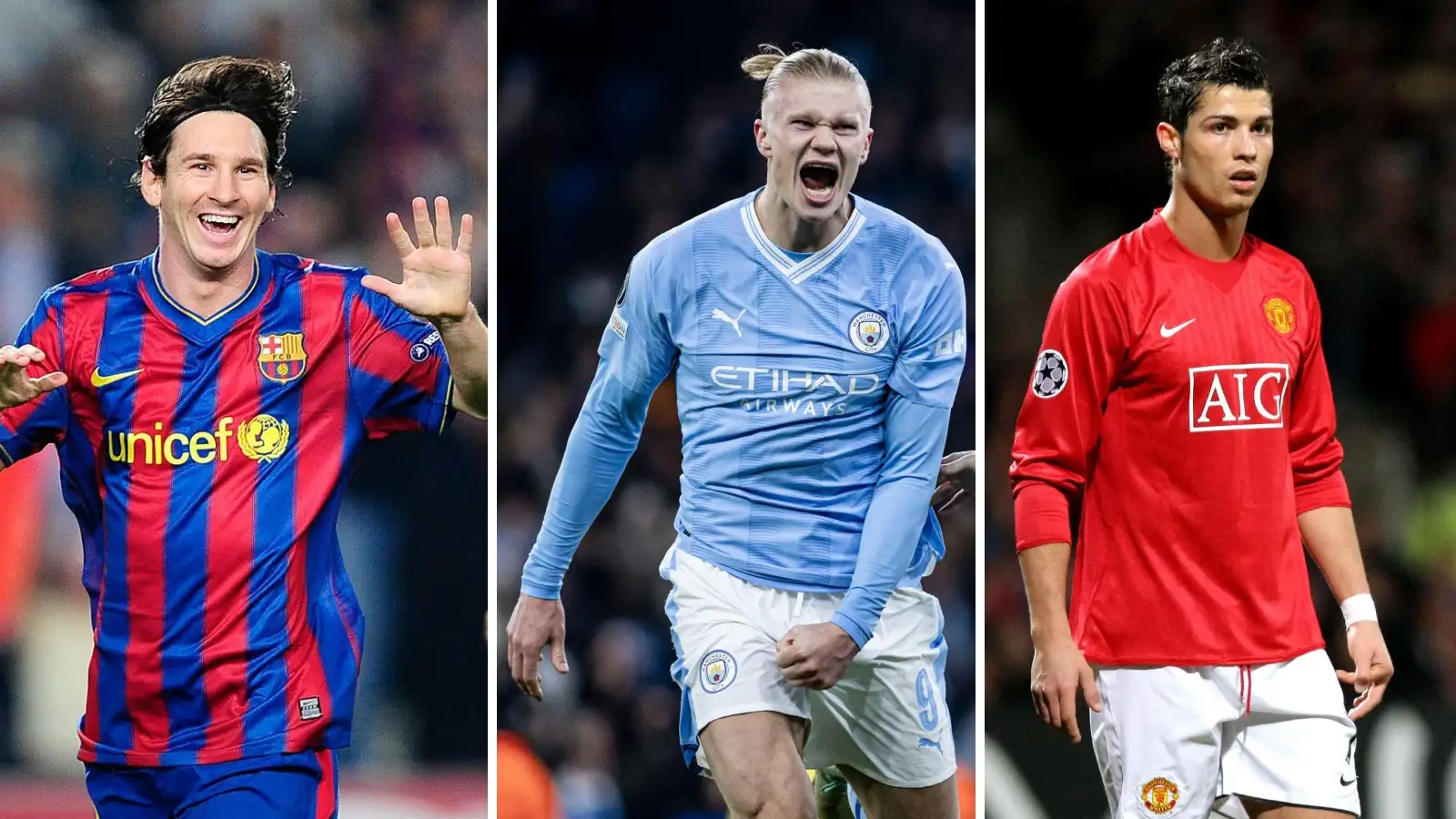 Lionel Messi (left), Erling Haaland (centre) and Cristiano Ronaldo (right)