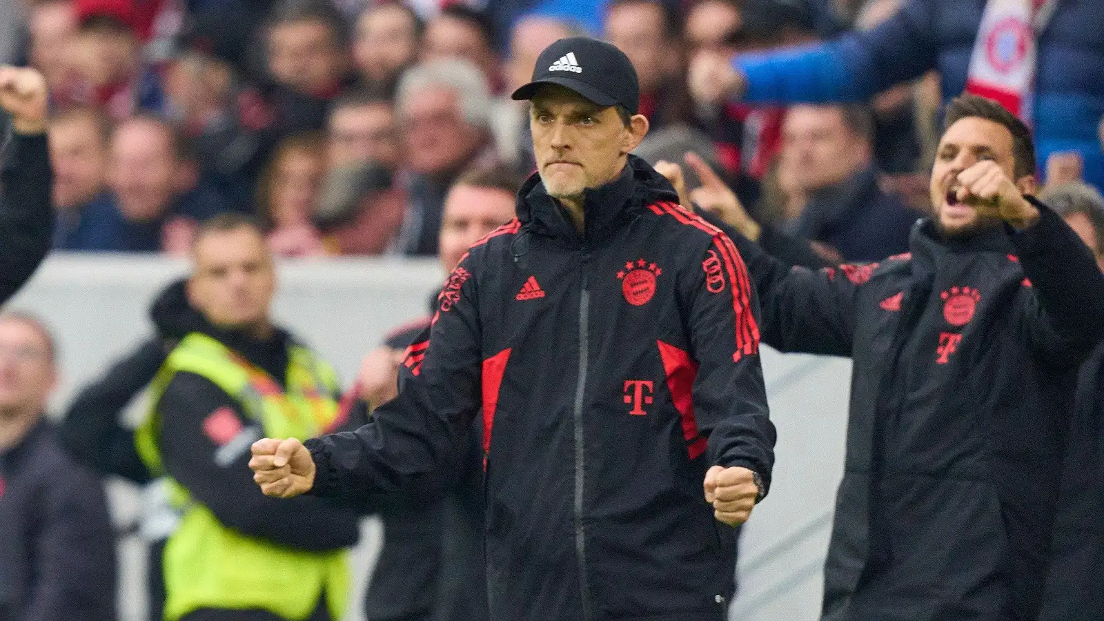 Trainer Thomas Tuchel (FCB), team manager, headcoach, coach, celebrates 0-1 goal, happy, laugh, celebration, in the match SC FREIBURG - FC BAYERN MUENCHEN 0-1 1.German Football League on Apr 8, 2023 in Freiburg, Germany.