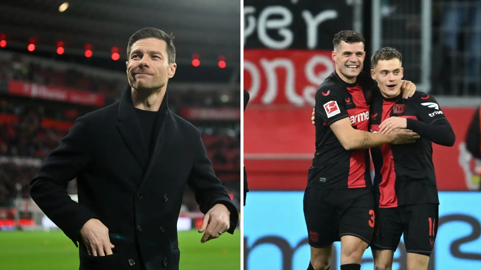 Bayer Leverkusen manager Xabi Alonso (left) and midfielder Granit Xhaka (right) pictured during their 2-1 Bundesliga win over Mainz, February 23rd 2024, BayArena, Leverkusen