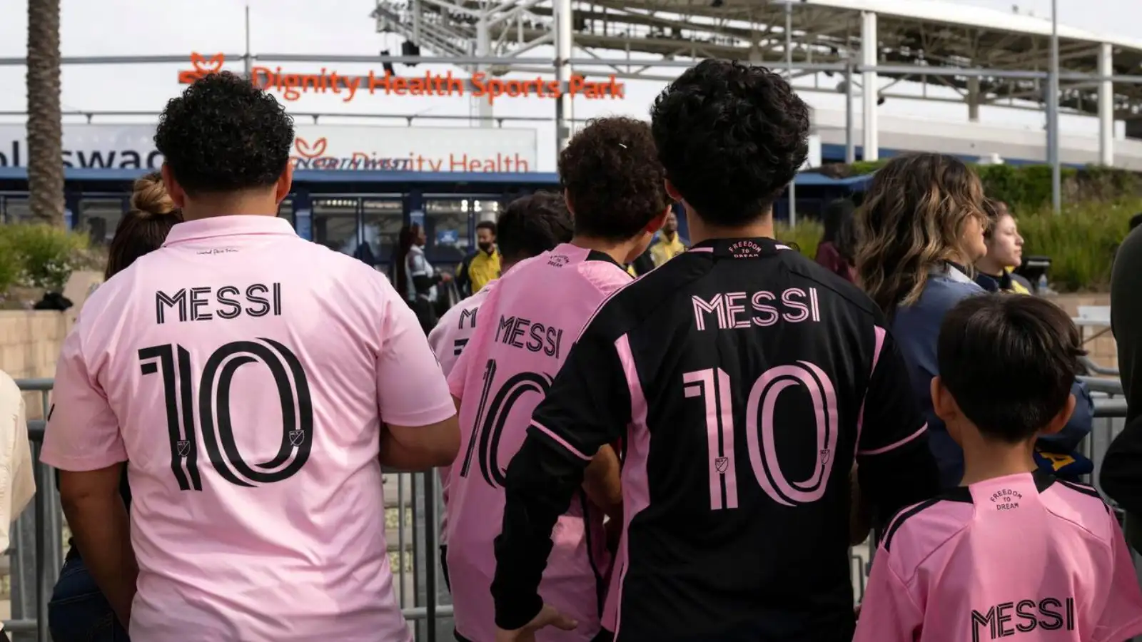 Fans with jerseys of Inter Miami's Lionel Messi wait to enter the stadium before an MLS soccer match against the Los Angeles Galaxy, Sunday, Feb. 25, 2024, in Carson, Calif.