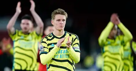 Arsenal's Martin Odegaard celebrates after their 0-6 win over Sheffield United during the Premier League match at Bramall Lane, Sheffield. Picture date: Monday March 4, 2024.