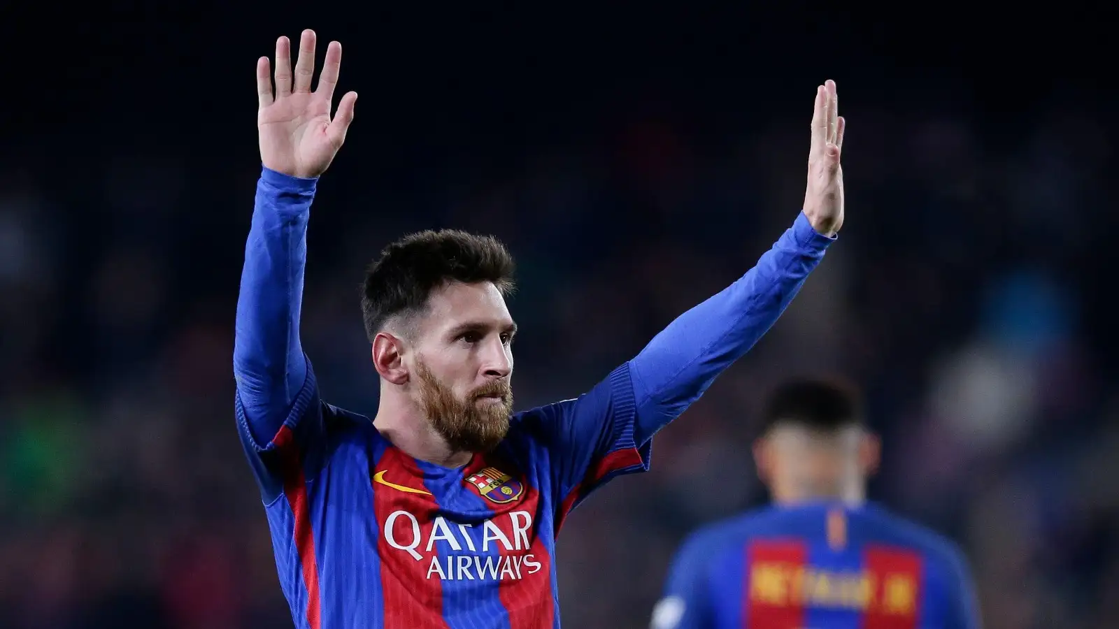 FC Barcelona's Lionel Messi celebrates after scoring during the Spanish La Liga soccer match between FC Barcelona and Espanyol at the Camp Nou in Barcelona, Spain, Sunday, Dec. 18, 2016.